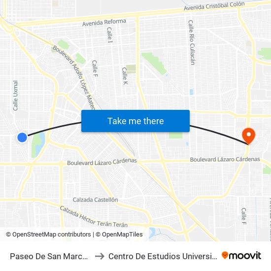 Paseo De San Marcos / De La Luz to Centro De Estudios Universitarios Xochicalco map