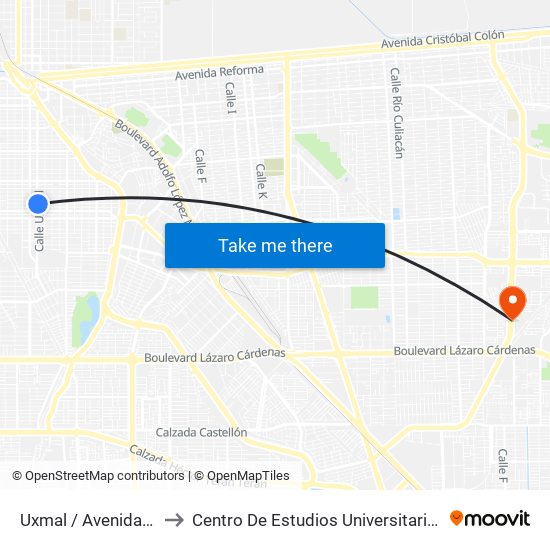 Uxmal / Avenida Yucatán to Centro De Estudios Universitarios Xochicalco map