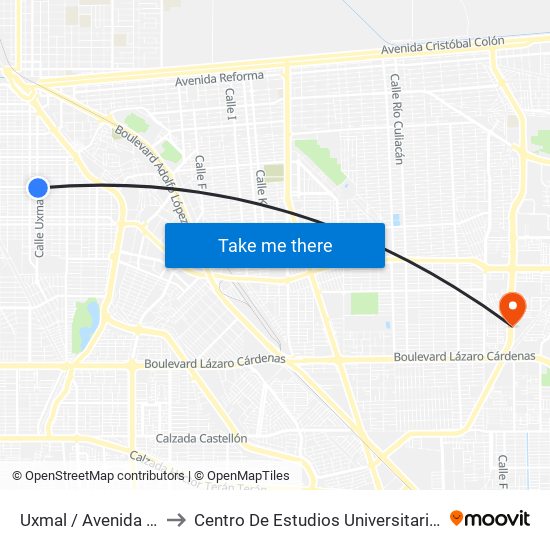 Uxmal / Avenida Tabasco to Centro De Estudios Universitarios Xochicalco map