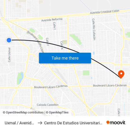 Uxmal / Avenida Puebla to Centro De Estudios Universitarios Xochicalco map