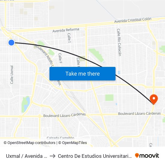Uxmal / Avenida Durango to Centro De Estudios Universitarios Xochicalco map