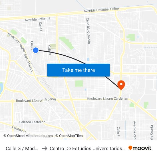 Calle G / Madereros to Centro De Estudios Universitarios Xochicalco map