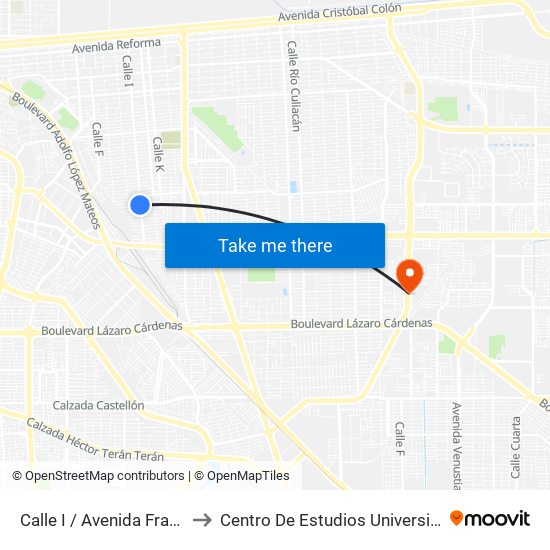 Calle I / Avenida Francisco Mujica to Centro De Estudios Universitarios Xochicalco map
