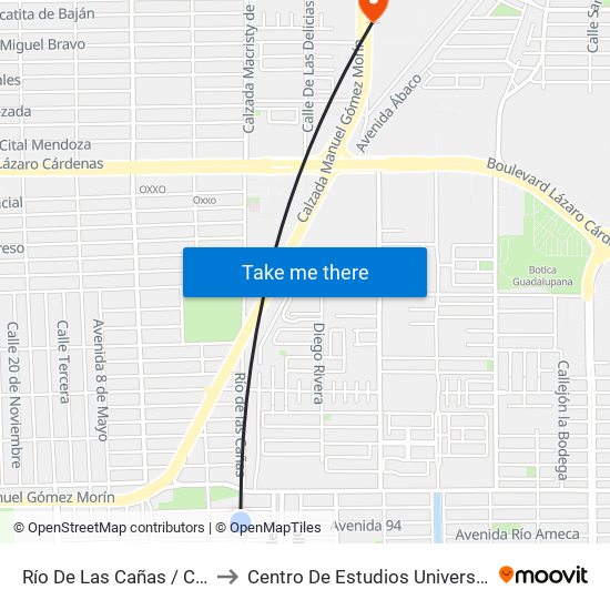 Río De Las Cañas / Ciudad Madero to Centro De Estudios Universitarios Xochicalco map