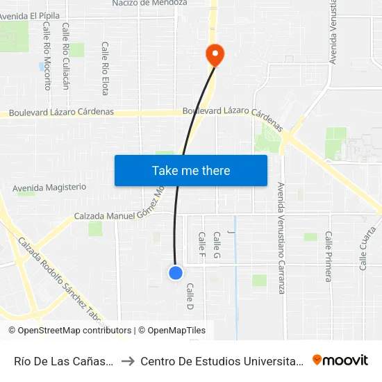 Río De Las Cañas / Calle 86 to Centro De Estudios Universitarios Xochicalco map