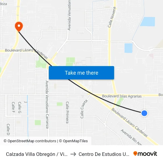 Calzada Villa Obregón / Villa De Moctezuma Poniente to Centro De Estudios Universitarios Xochicalco map