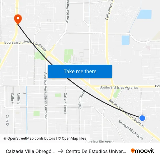 Calzada Villa Obregón / Villa Cortés to Centro De Estudios Universitarios Xochicalco map