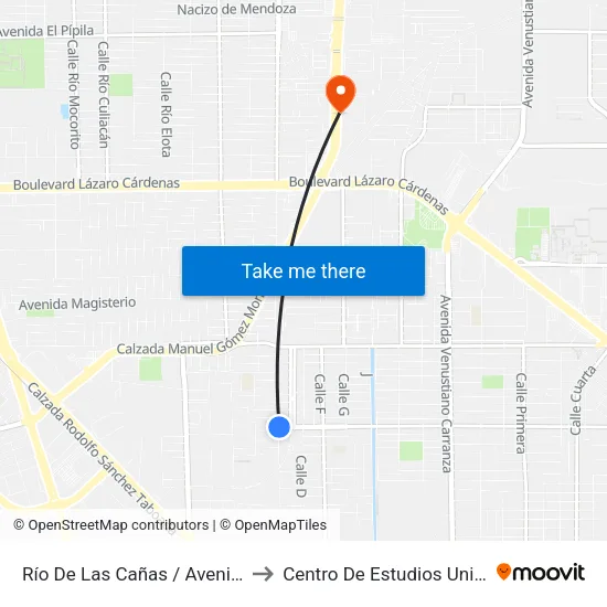 Río De Las Cañas / Avenida San Pedro Mezquital to Centro De Estudios Universitarios Xochicalco map