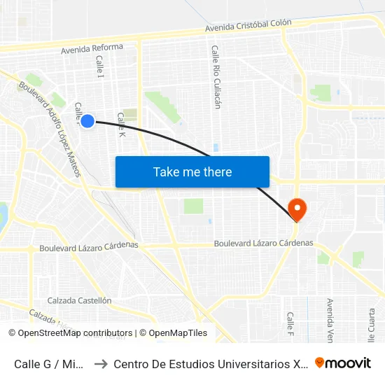 Calle G / Mineros to Centro De Estudios Universitarios Xochicalco map
