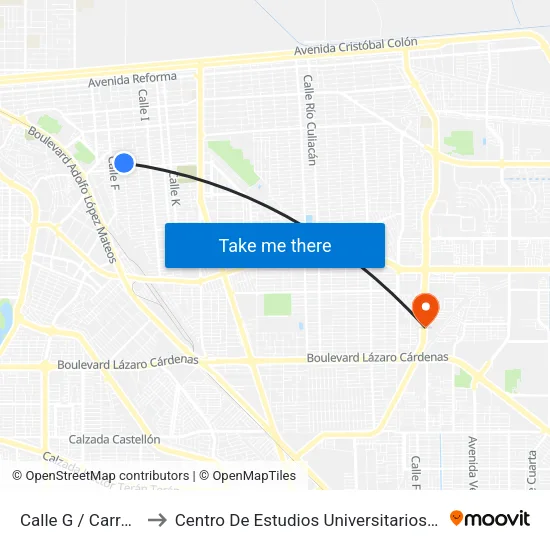 Calle G / Carroceros to Centro De Estudios Universitarios Xochicalco map