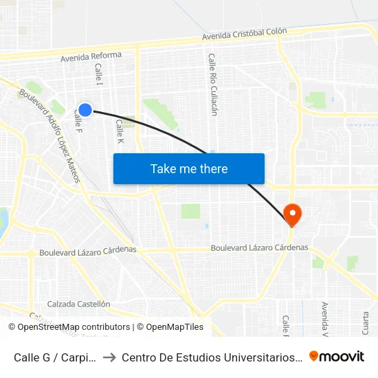 Calle G / Carpinteros to Centro De Estudios Universitarios Xochicalco map