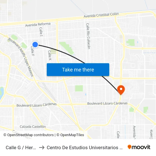 Calle G / Herreros to Centro De Estudios Universitarios Xochicalco map
