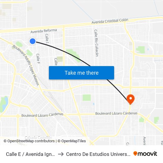 Calle E / Avenida Ignacio Zaragoza to Centro De Estudios Universitarios Xochicalco map