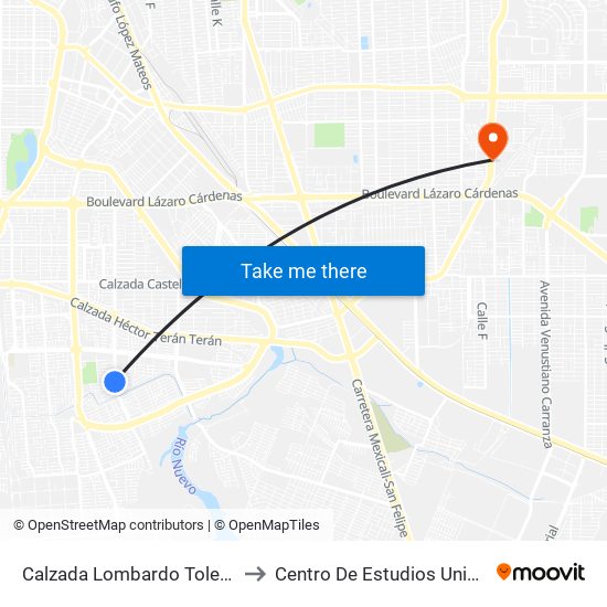 Calzada Lombardo Toledano / Juventud 2000 to Centro De Estudios Universitarios Xochicalco map