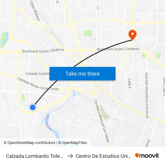 Calzada Lombardo Toledano / Catanzaro Norte to Centro De Estudios Universitarios Xochicalco map