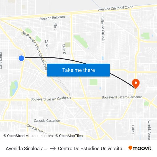 Avenida Sinaloa / Monterrey to Centro De Estudios Universitarios Xochicalco map