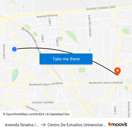 Avenida Sinaloa / Alvarado to Centro De Estudios Universitarios Xochicalco map