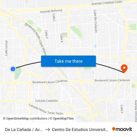 De La Cañada / Avenida Cima to Centro De Estudios Universitarios Xochicalco map