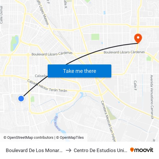 Boulevard De Los Monarcas / Leonardo Da Vinci to Centro De Estudios Universitarios Xochicalco map