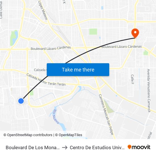 Boulevard De Los Monarcas / De Las Justas to Centro De Estudios Universitarios Xochicalco map