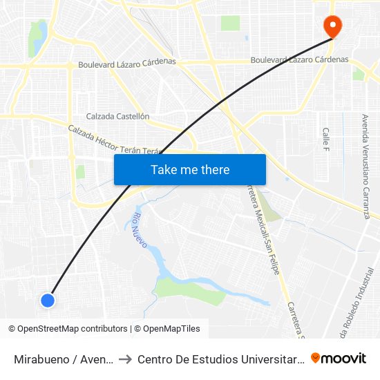 Mirabueno / Avenida Bolea to Centro De Estudios Universitarios Xochicalco map