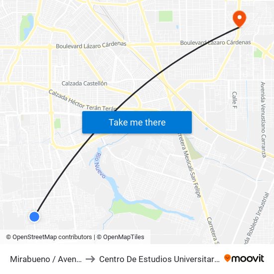 Mirabueno / Avenida Bolea to Centro De Estudios Universitarios Xochicalco map