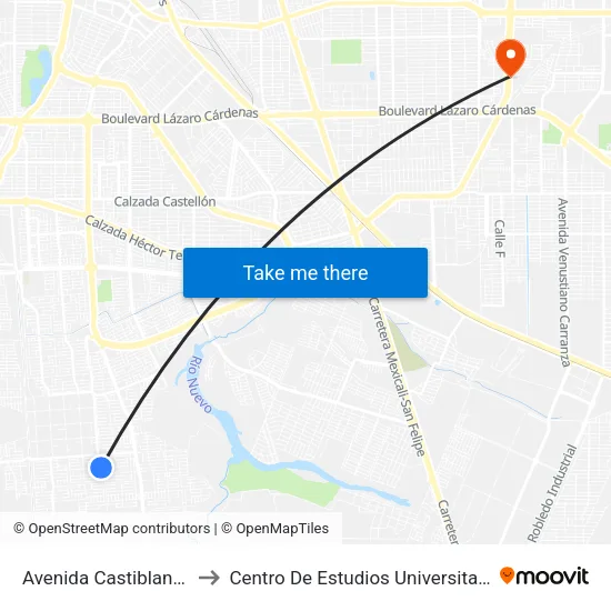 Avenida Castiblanco / Priego to Centro De Estudios Universitarios Xochicalco map