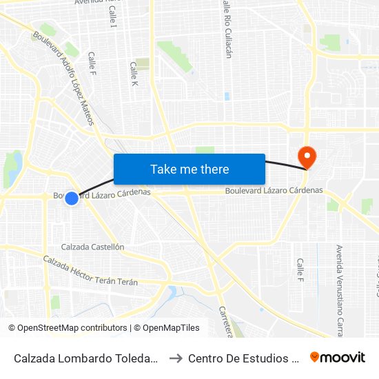 Calzada Lombardo Toledano / Boulevard Lázaro Cárdenas to Centro De Estudios Universitarios Xochicalco map