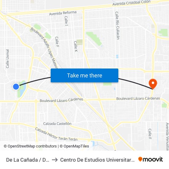 De La Cañada / Del Arroyo to Centro De Estudios Universitarios Xochicalco map