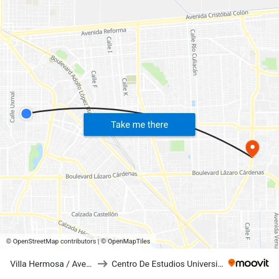 Villa Hermosa / Avenida Coahuila to Centro De Estudios Universitarios Xochicalco map