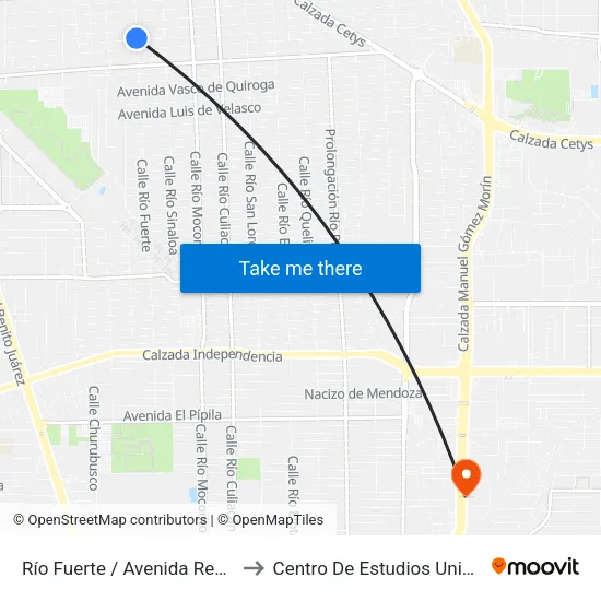 Río Fuerte / Avenida República De El Salvador to Centro De Estudios Universitarios Xochicalco map