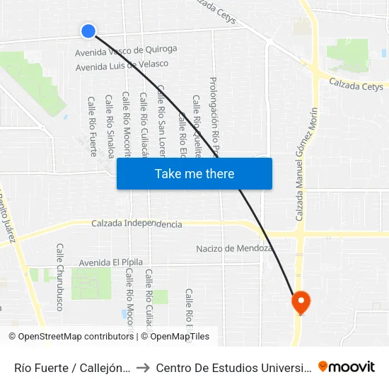 Río Fuerte / Callejón Cuauhtémoc to Centro De Estudios Universitarios Xochicalco map