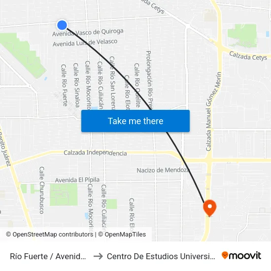 Río Fuerte / Avenida Tezozomoc to Centro De Estudios Universitarios Xochicalco map