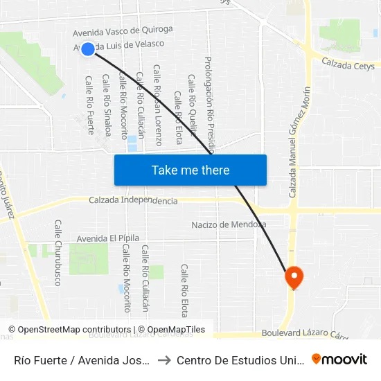 Río Fuerte / Avenida Josefa Ortíz De Domínguez to Centro De Estudios Universitarios Xochicalco map