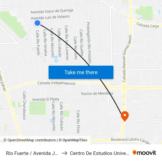 Río Fuerte / Avenida José María Aguayo to Centro De Estudios Universitarios Xochicalco map