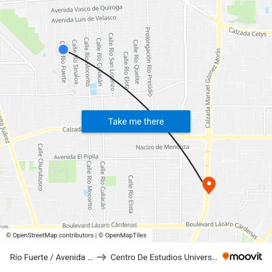 Río Fuerte / Avenida Ramos Arizpe to Centro De Estudios Universitarios Xochicalco map
