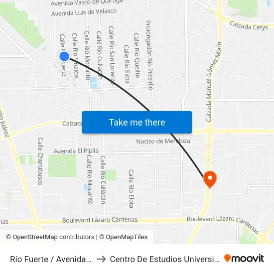 Río Fuerte / Avenida Juan Escutia to Centro De Estudios Universitarios Xochicalco map