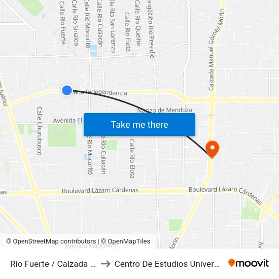 Río Fuerte / Calzada Independencia to Centro De Estudios Universitarios Xochicalco map