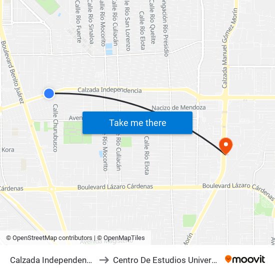 Calzada Independencia / Río Tijuana to Centro De Estudios Universitarios Xochicalco map