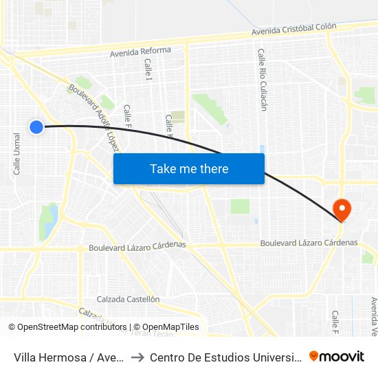 Villa Hermosa / Avenida Tabasco to Centro De Estudios Universitarios Xochicalco map