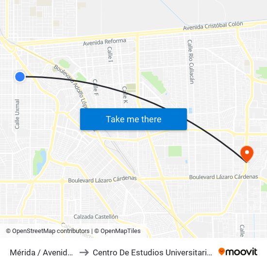 Mérida / Avenida Nayarit to Centro De Estudios Universitarios Xochicalco map