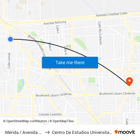 Mérida / Avenida Michoacán to Centro De Estudios Universitarios Xochicalco map