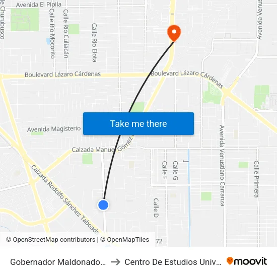 Gobernador Maldonado / Presa San Joaquín to Centro De Estudios Universitarios Xochicalco map