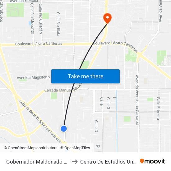 Gobernador Maldonado / Avenida Presa Infiernillo to Centro De Estudios Universitarios Xochicalco map