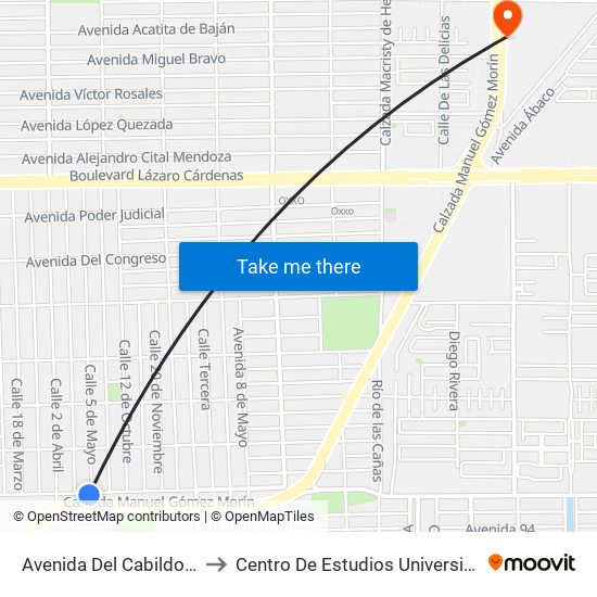 Avenida Del Cabildo / 5 De Mayo to Centro De Estudios Universitarios Xochicalco map