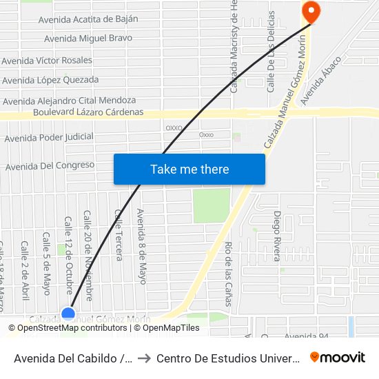 Avenida Del Cabildo / 12 De Octubre to Centro De Estudios Universitarios Xochicalco map