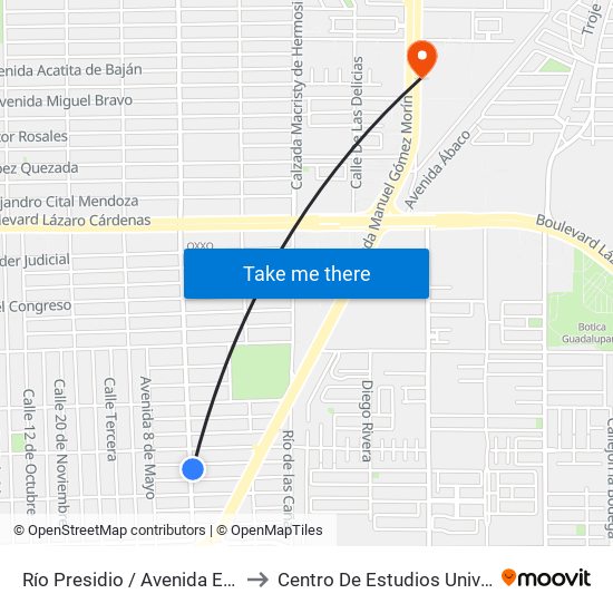 Río Presidio / Avenida Expropiación Petrolera to Centro De Estudios Universitarios Xochicalco map