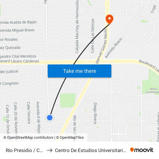 Río Presidio / Cerro Azul to Centro De Estudios Universitarios Xochicalco map