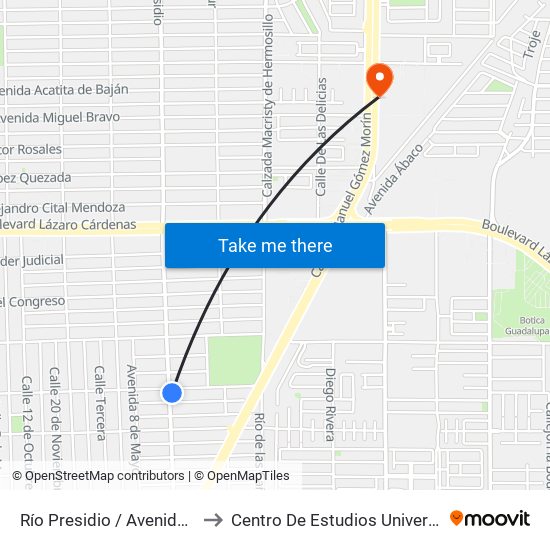 Río Presidio / Avenida Constituyentes to Centro De Estudios Universitarios Xochicalco map