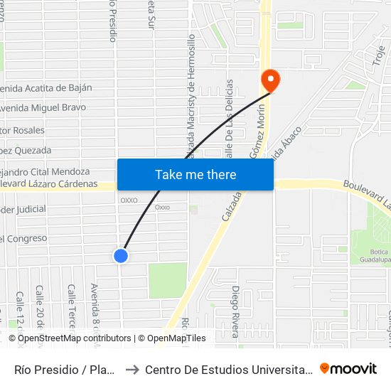 Río Presidio / Plan De Iguala to Centro De Estudios Universitarios Xochicalco map